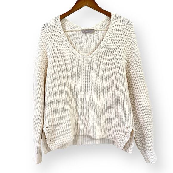 Everlane Sweater Womens L Ivory Cotton Chunky Knit V Neck Long Sleeve Pullover - Picture 1 of 8